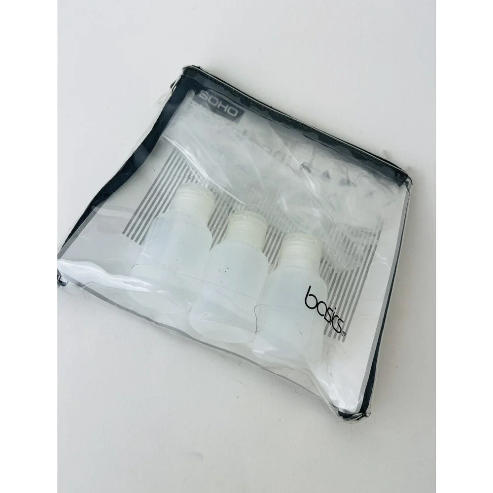 Basic SOHO Bath Essential Travel Clear Bag 8x4.5 Inch With‎ 3 Empty Bottle